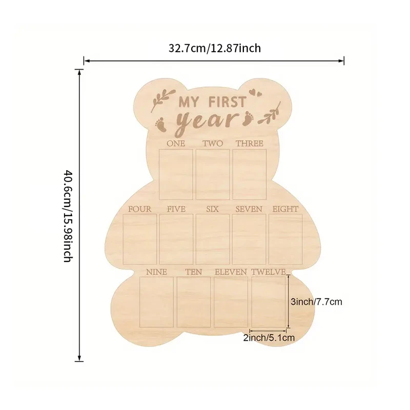 Wooden Bear First Year Milestone Photo Frame Wood Poster Board Memorial Table Decor Ornament Poster Board for Birthday Gift