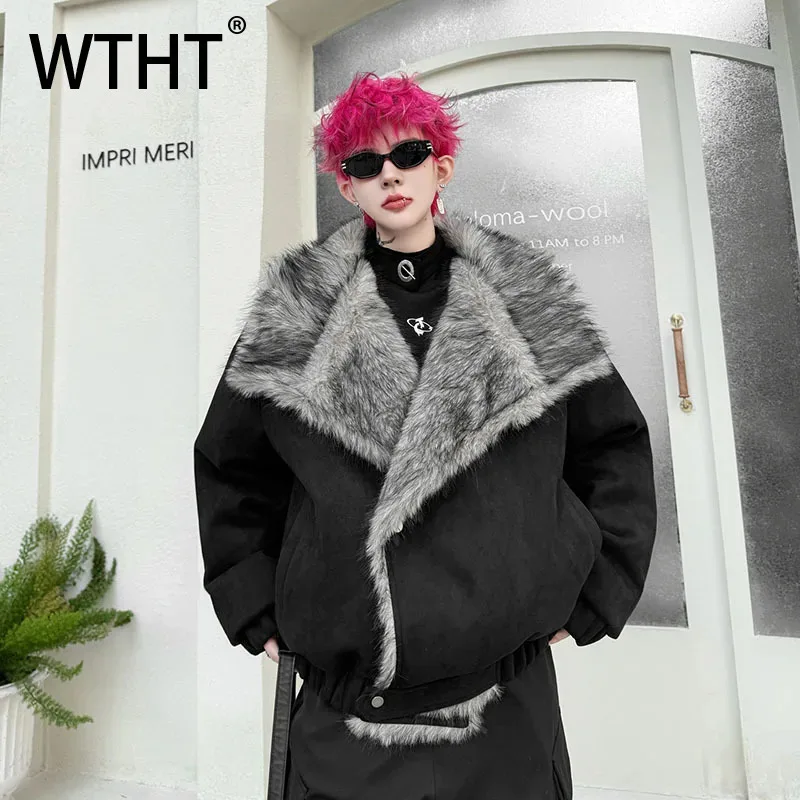 

WTHT Fashion Men's Spliced Faux Fur Thicken Design Coats Trendy 2025 Winter Long Sleeves Loose Casual Jackets Male 2A2351