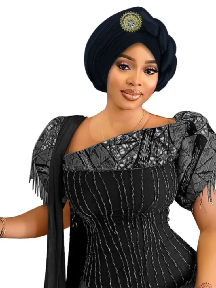 여성을위한 반짝이 전신 Pleated Turban 모자 2025 레이디 헤드 랩 이슬람 Headscarf 모자 Turbante Mujer African Headpiece