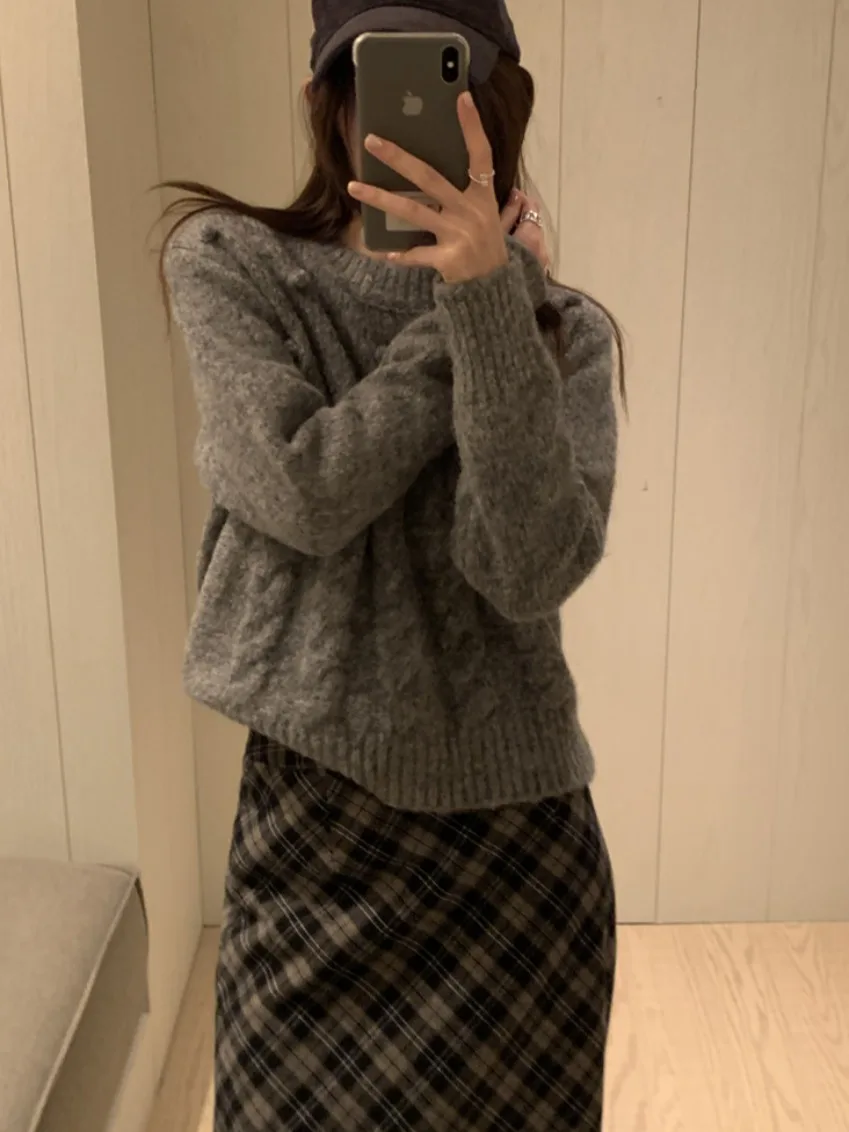 Retro Twisted Knit ort Pullover Damen Winter Neues Design Sensation 3D Ball Ball Gestricktes IRT Top Frühling Herbst Winter