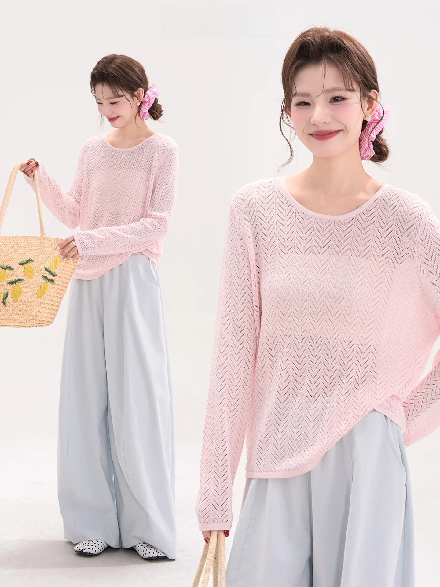 

Вязаный женский топ с длинными рукавами и круглым вырезом в корейском стиле, весенняя повседневная свободная одежда для работы и отдыха