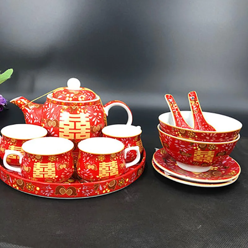 Imagem -04 - Tradicional Chinesa Cerâmica Tea Grupo Vermelho Double Happiness Bule Tea Cup Recém-casados Noiva Presente Dote Casamento Supply Retro