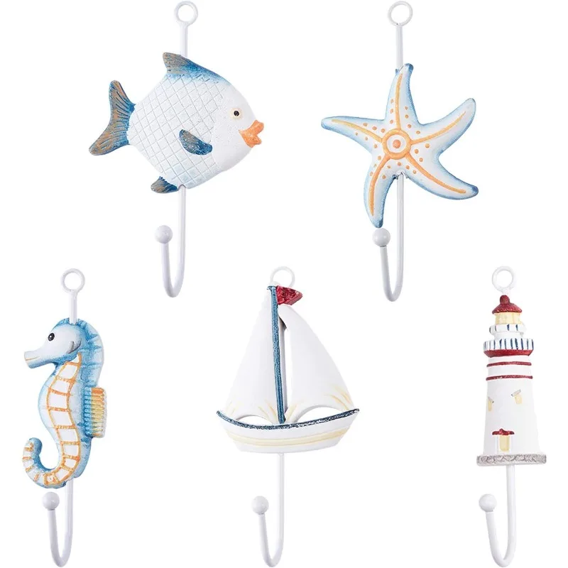 5PCS 5 Sizes Sea Horse Fish Starfish Sailboat Beacon Shape Wall Hooks Mediterranean Style Composite Wood Wall Hooks