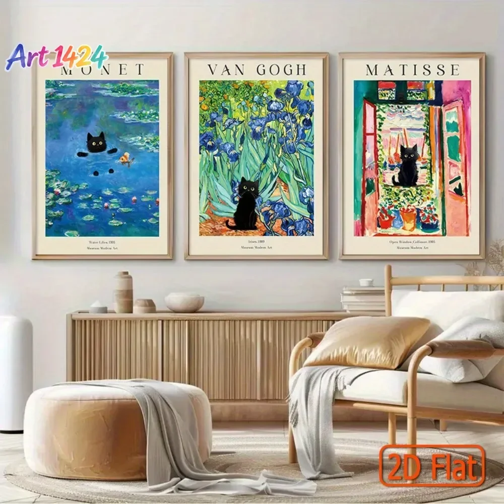 3 Frameless Canvas Prints of Famous Artists,Monet,Van Gogh,Matisse and Cat Illustrations,Classic Masterpieces and Modern Twists