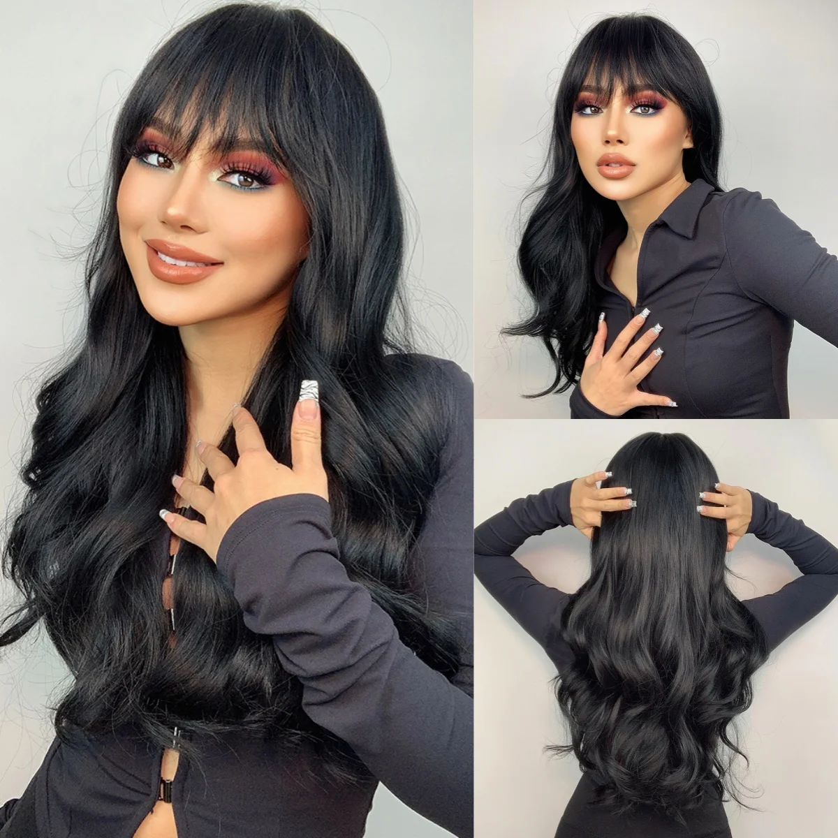 Black Realistic Synthetic Hair Wigs Brunette Wigs Wavy Hair for Black Women Daily Cosplay Wigs with Bangs High Temperature Fiber