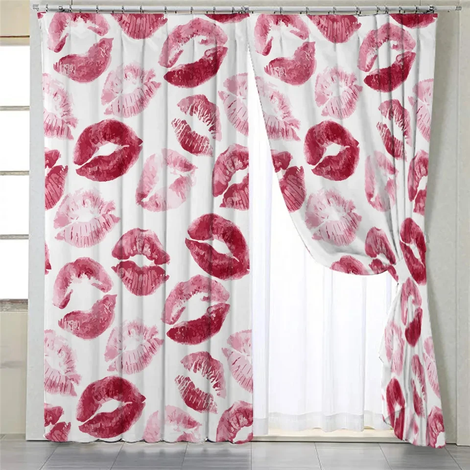 2Panel Red Lip Print Curtains Lipstick Kiss Curtains for Bedroom Living Room Balcony Floor-to-ceiling Window Shutters cortnia