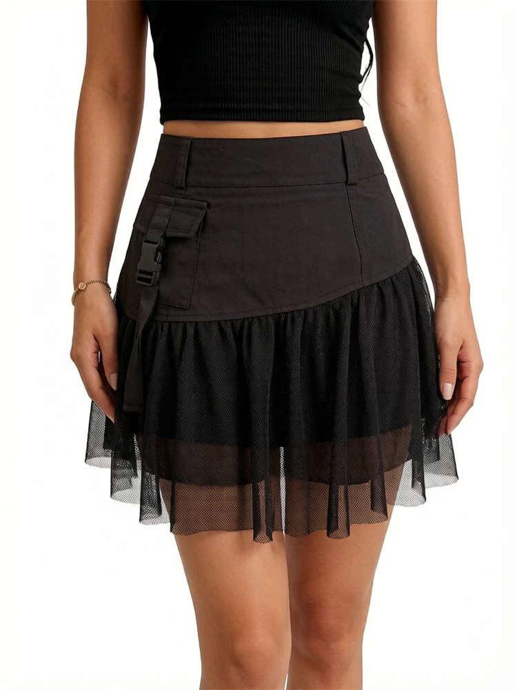 Y2k Aesthetic High Waist Irregular Ruffled Skirt Harajuku Gauze Grunge Skirts Women Streetwear Solid Color See Through Mini Jupe
