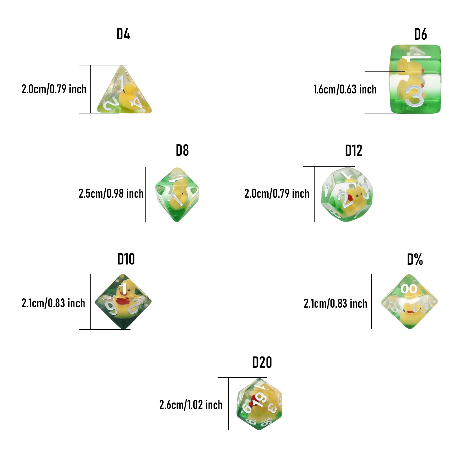 مجموعة من 7 نرد راتينج شفاف مع تصميم بطة صفراء كرتونية وأرقام بيضاء لألعاب الحفلات وإكسسوارات الألعاب #5