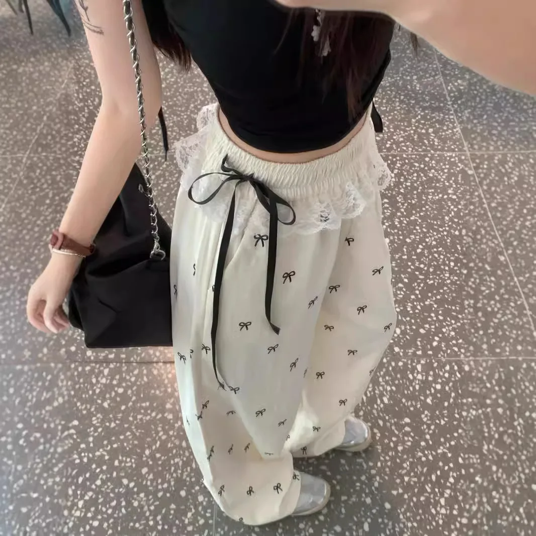 الحلو الدانتيل الربط السراويل القوس السراويل الصيف الجديدة فضفاضة مرونة الخصر السراويل المستقيمة