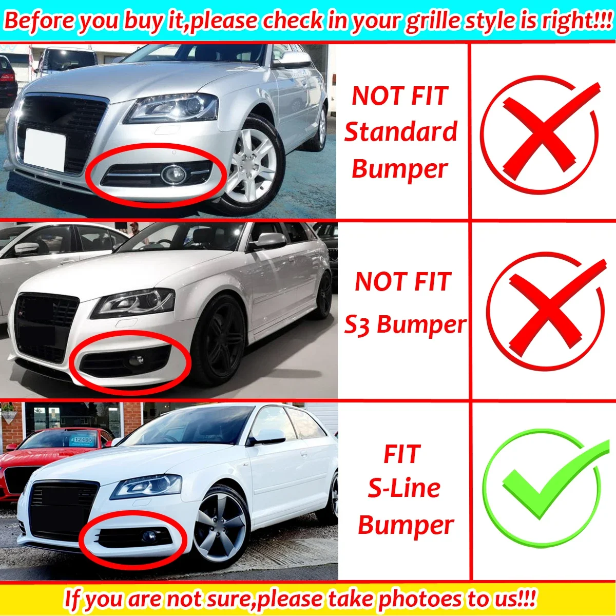 RM-CAR Chrome/Glossy Front Bumper Lower Fog Light Grill Grille For Audi A3 8P S-Line 2009-2012 8P0807682 8P0807681 Front Grille