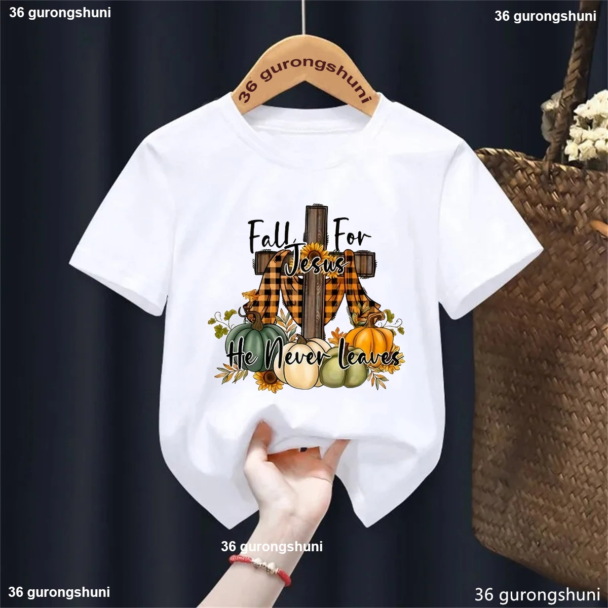 Fall For Jesus He Never Leaves Graphic Printed T Shirt Girls/Boys Thanksgiving Gift Tshirt Kawaii Kids Clothes Soild T-Shirt