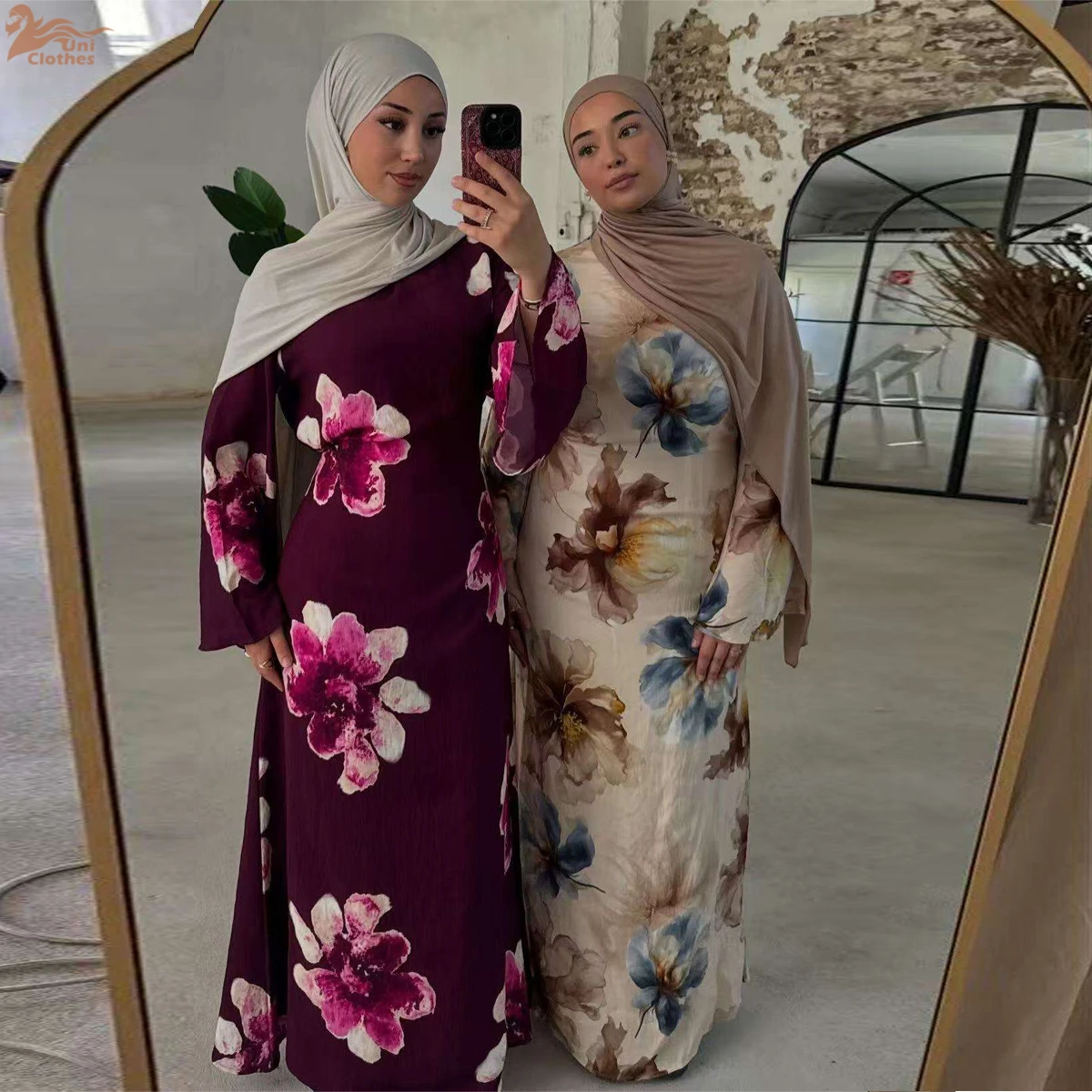 

Uni Abaya 2026 Women's Elegant Flower Printed Simple Abaya Daily Wear Muslim Women Dress Islamic Clothing