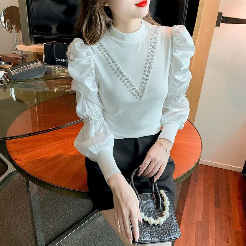 Design Sense Niche Heavy Industry Nail Bead Chiffon Shirt Women\'s New French Chic Bubble Sleeve Slim Fit Top