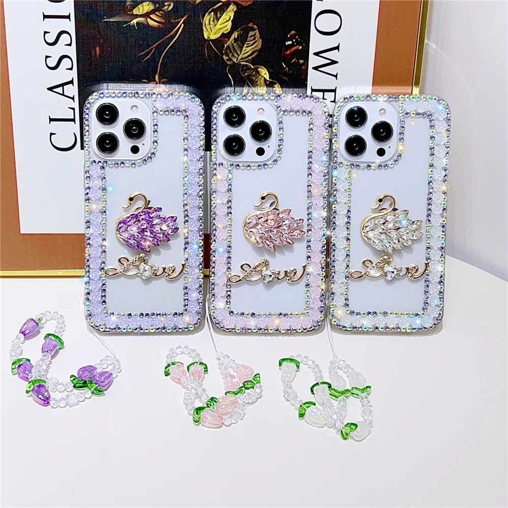 Rose sticker diamond lace phone case suitable for iPhone 16 Promax/14/15/13 protective cover transparent all inclusive swan