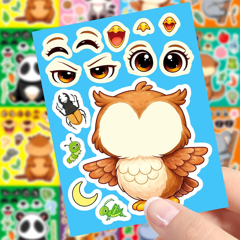 8/16Sheets Funny Kawaii Animals Cartoon Puzzle Game Stickers Cute Squirrel Owl Panda Make A Face Assemble Jigsaw Educational Toy