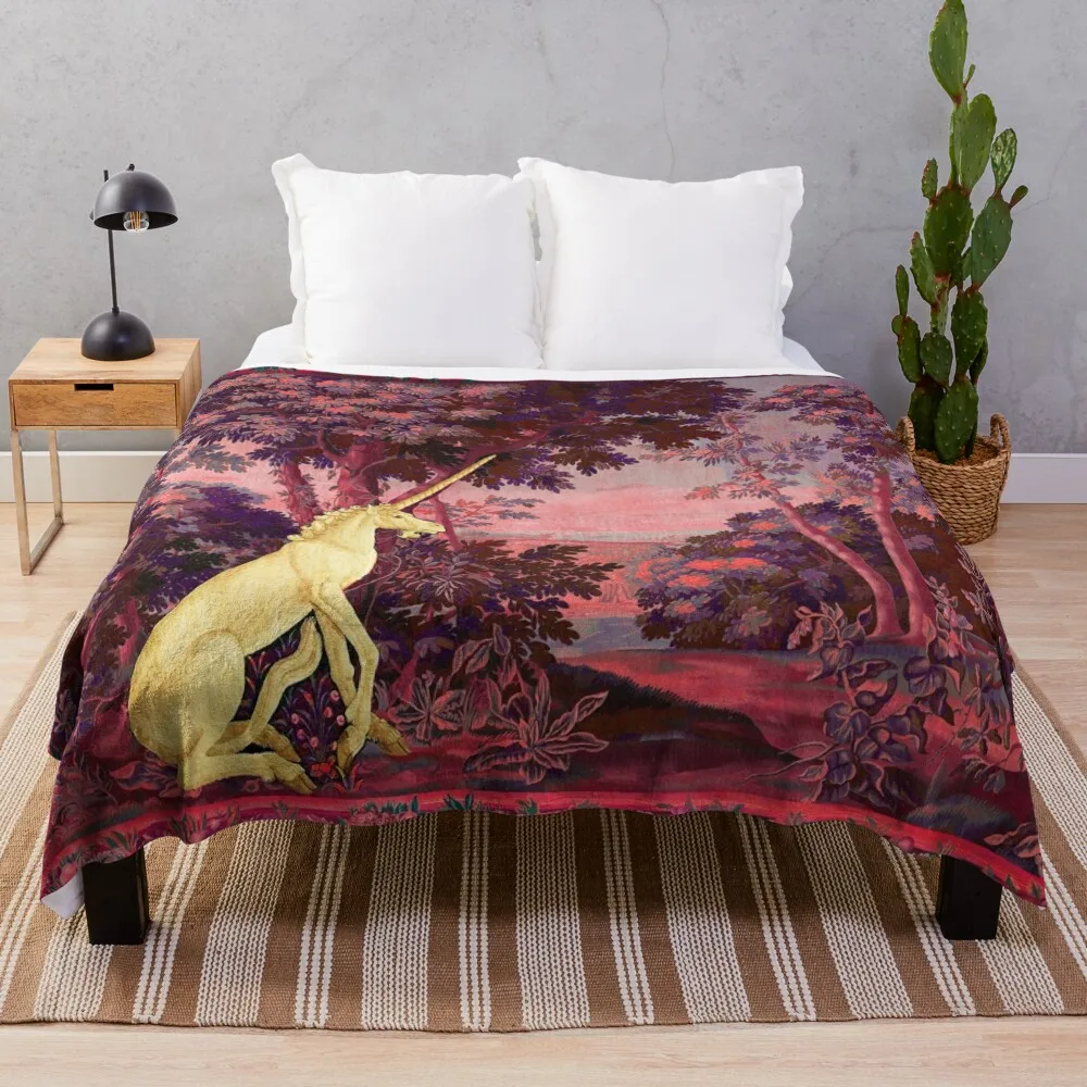 UNICORN IN WOODLAND SUNSET LANDSCAPE AMONG GREENERY AND TREES in Pink Blue Hues Throw Blanket Cute Plaid sofa bed Sofas Blankets