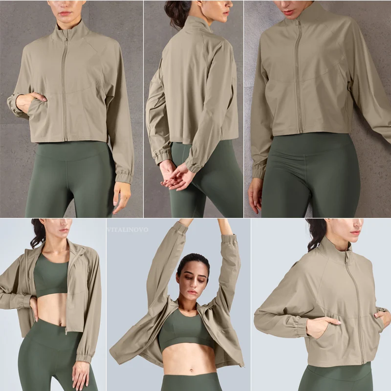 VITALINOVO Sportliche Trainingsjacke für Damen, UPF 50+, langärmelig, Sonnenschutz, leichte Hemden, kurze Jacken mit Reißverschluss, Laufen – Detail 11
