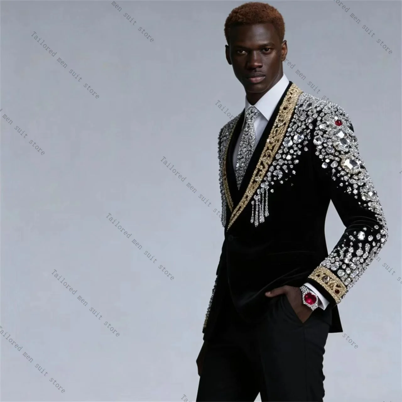 

Luxury Crystals Men Suits Pants Set 2 Pcs Blazer+Cotton Trousers Black Groom Wedding Tuxedos Jacket Formal Office Business Coat