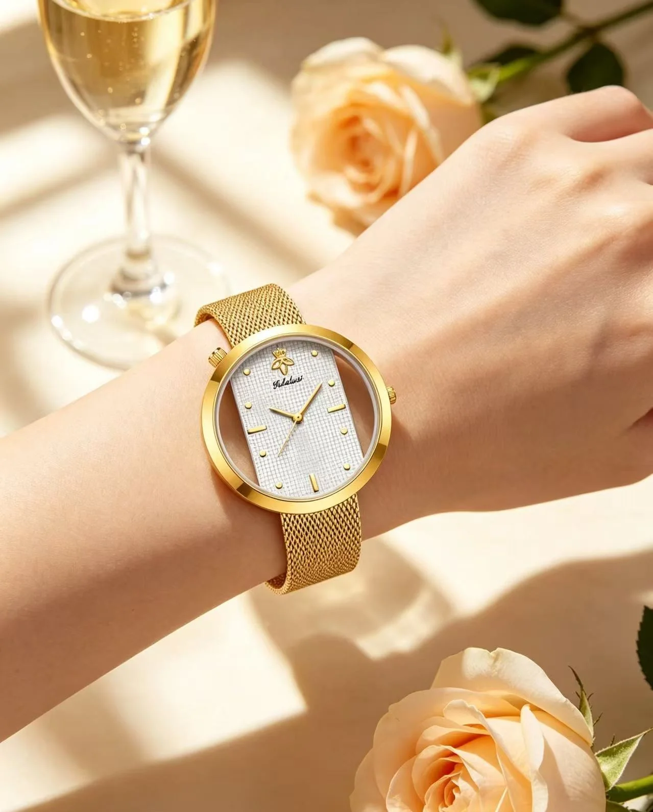 YaLaLuSi Fashion Simple Gold Mesh Ladies Watch Slim Case Textured Dial Gold Hour Marker Waterproof Female Dress Watch Valentine Birthday Gift for Her