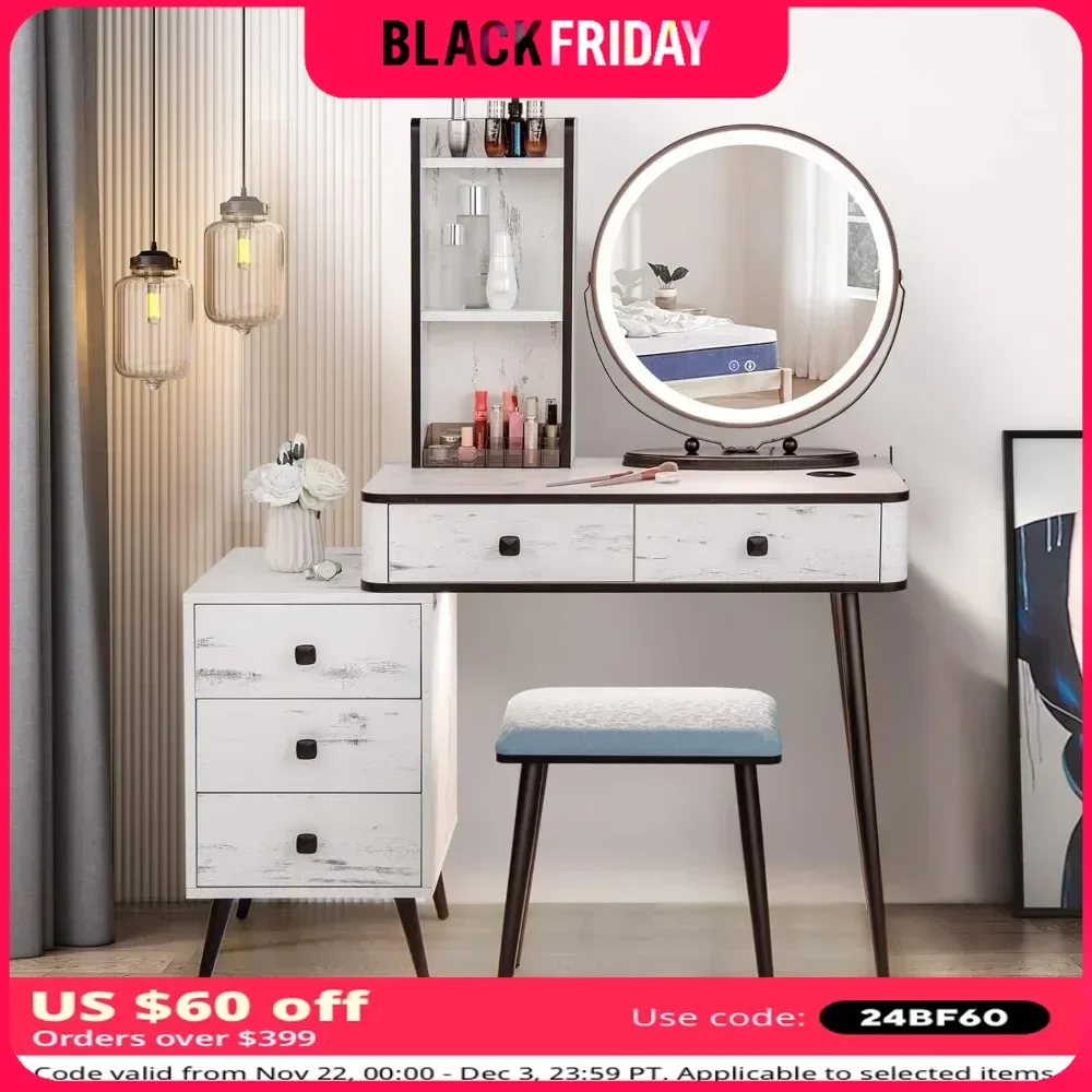 Vanity Table Set with 3-Color Lighted Mirror & Charging Station, Makeup Table Cushioned Stool Set, Human Body Induction Dressers