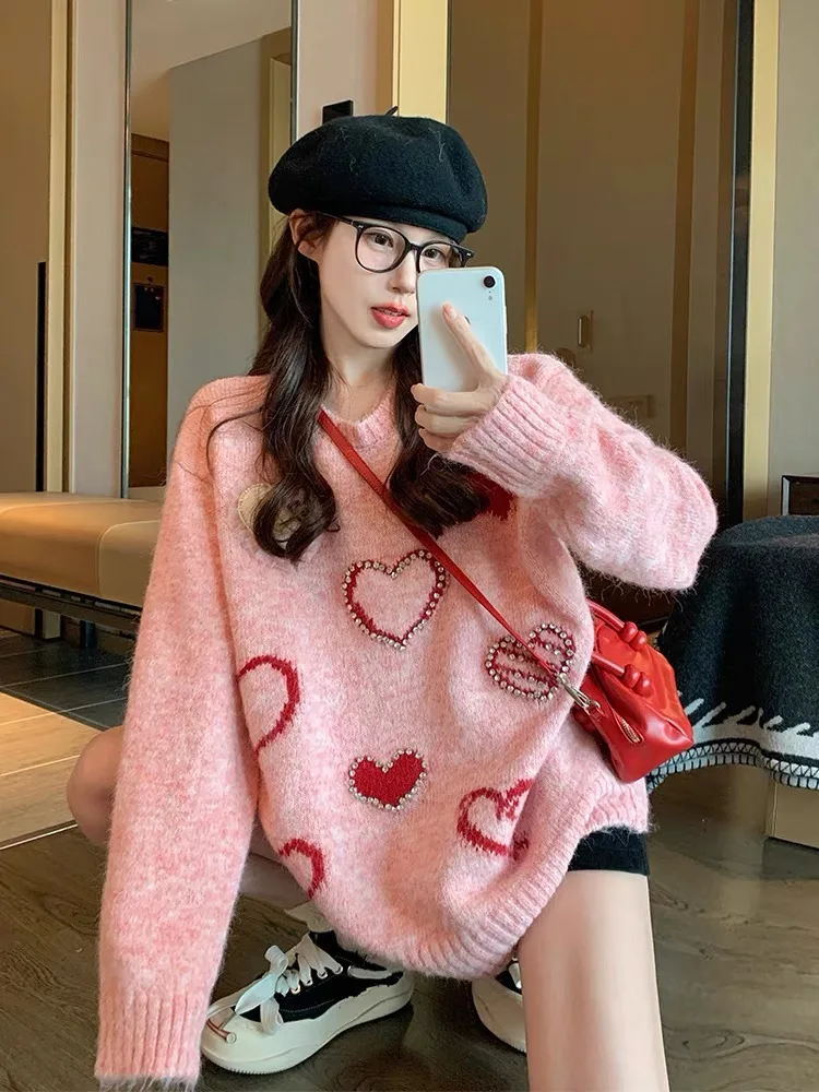 

Pink heart-shaped pullover sweater for women 2025 new autumn and winter thick loose casual design, lazy knit sweater top