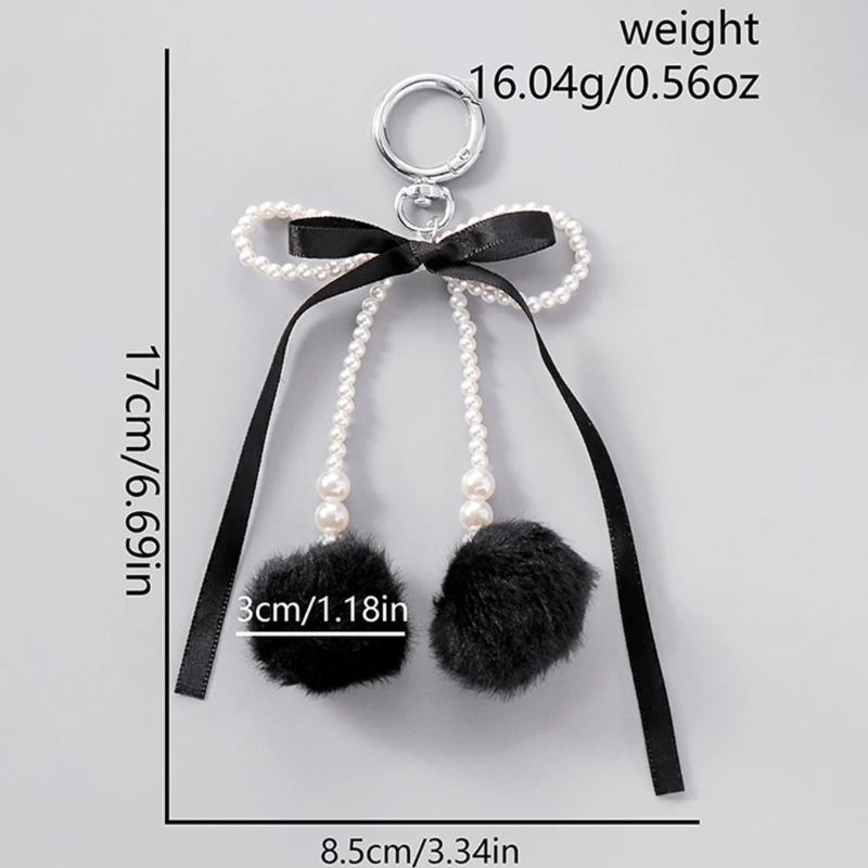 Soft Plush Hairball Keychain with Ribbon Bowknot and Imitation Pearls for Key