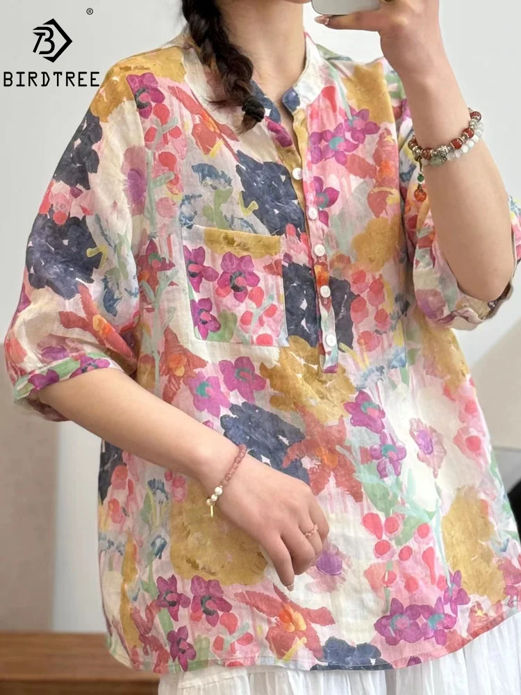 

New Spring Ramie Casual Shirt Women 3/4 Sleeve Floral Ink Print Top Girl Loose Commute Retro OL Blouses 2024 Summer T45825QM