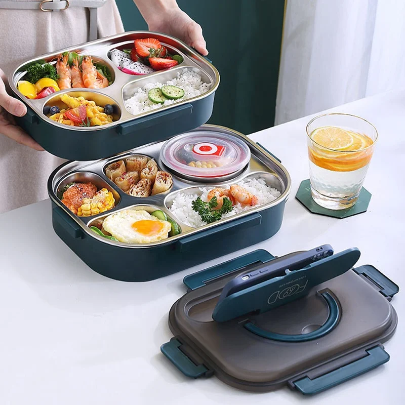 Thermal Insulated Stainless Steel Bento Kids Lunch Box 4 Compartment School Lunch Bag Set Single Compartment for Adults Children