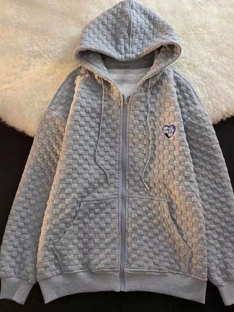 بلوزات بقلنسوة بسحاب للنساء ملابس خروج بأكمام طويلة سترة علوية على الموضة الكورية سترة كبيرة الحجم بأكمام طويلة ملابس خارجية غير رسمية