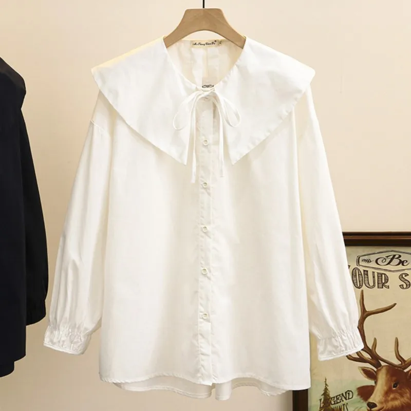 4XL Plus Size Shirts Women Spring Lace-Up Peter Pan Collar Cotton Tops Loose Long Sleeve Asymmetric Length Blouses Curve Clothes