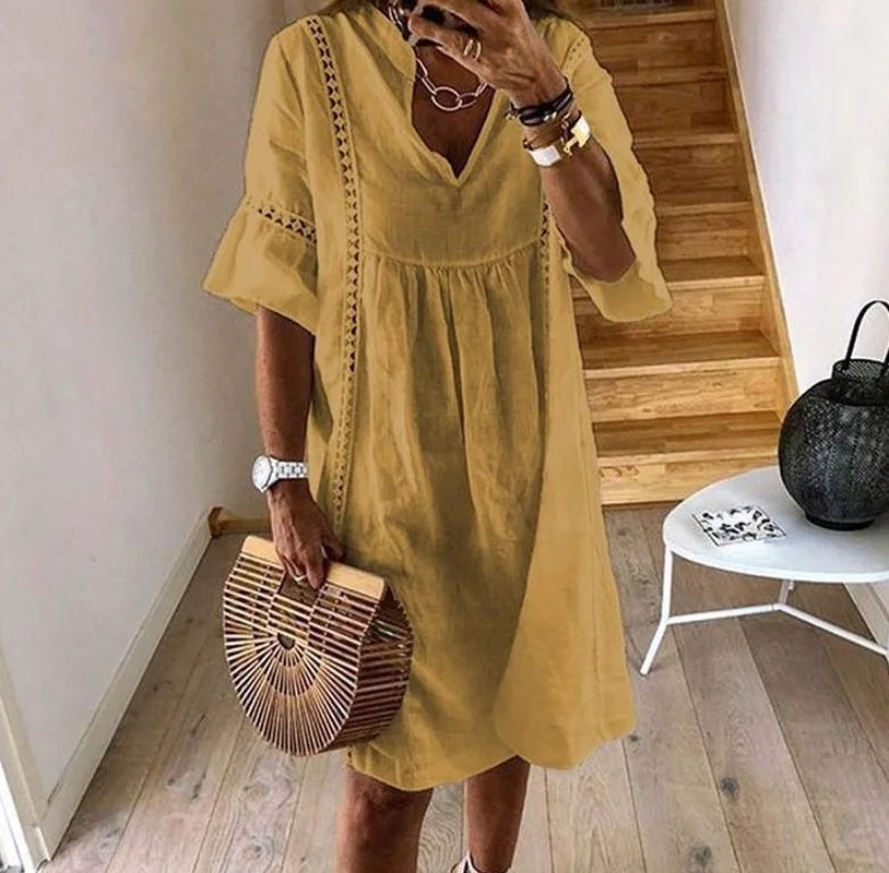 

2023 Summer new Lace Dress Women's Sundress Fashion Flare Sleeve Short Vestido Female Bohemian V Neck Robe Femme Party Shirt