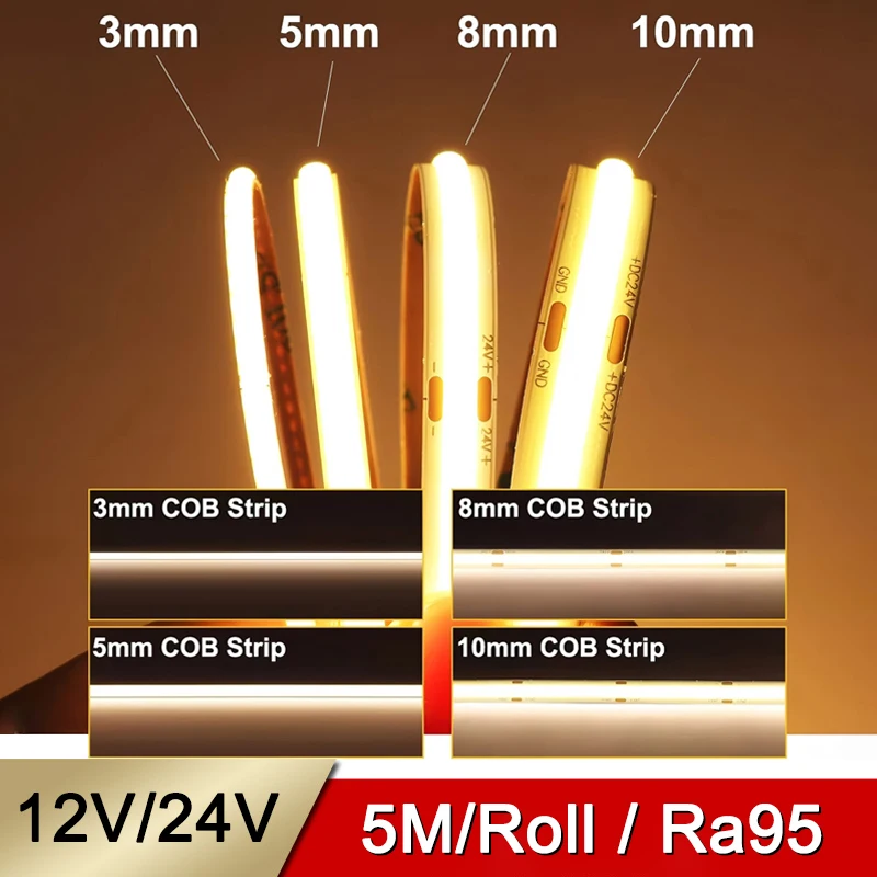 High Cri Ra95 5M/Roll Dotless Flexible Cuttable Dc 12v 24v Cob Led Strip Light 3mm 5mm 8mm 10mm Flex Fob Cob Led Strip
