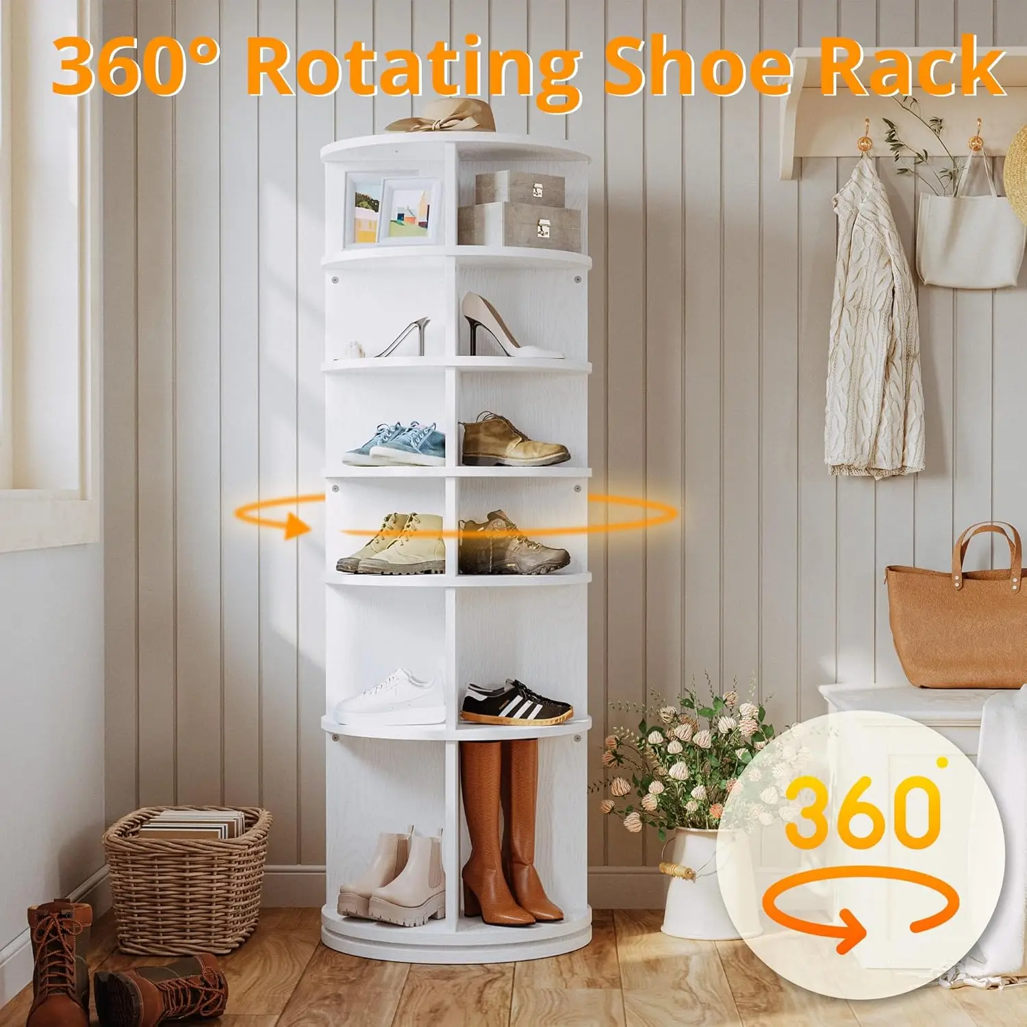 IRONCK Rotating Shoe Rack Tower, Free Standing 360° Revolving Spinning Shoe Storage Display Lazy Susan Round Carousel, White