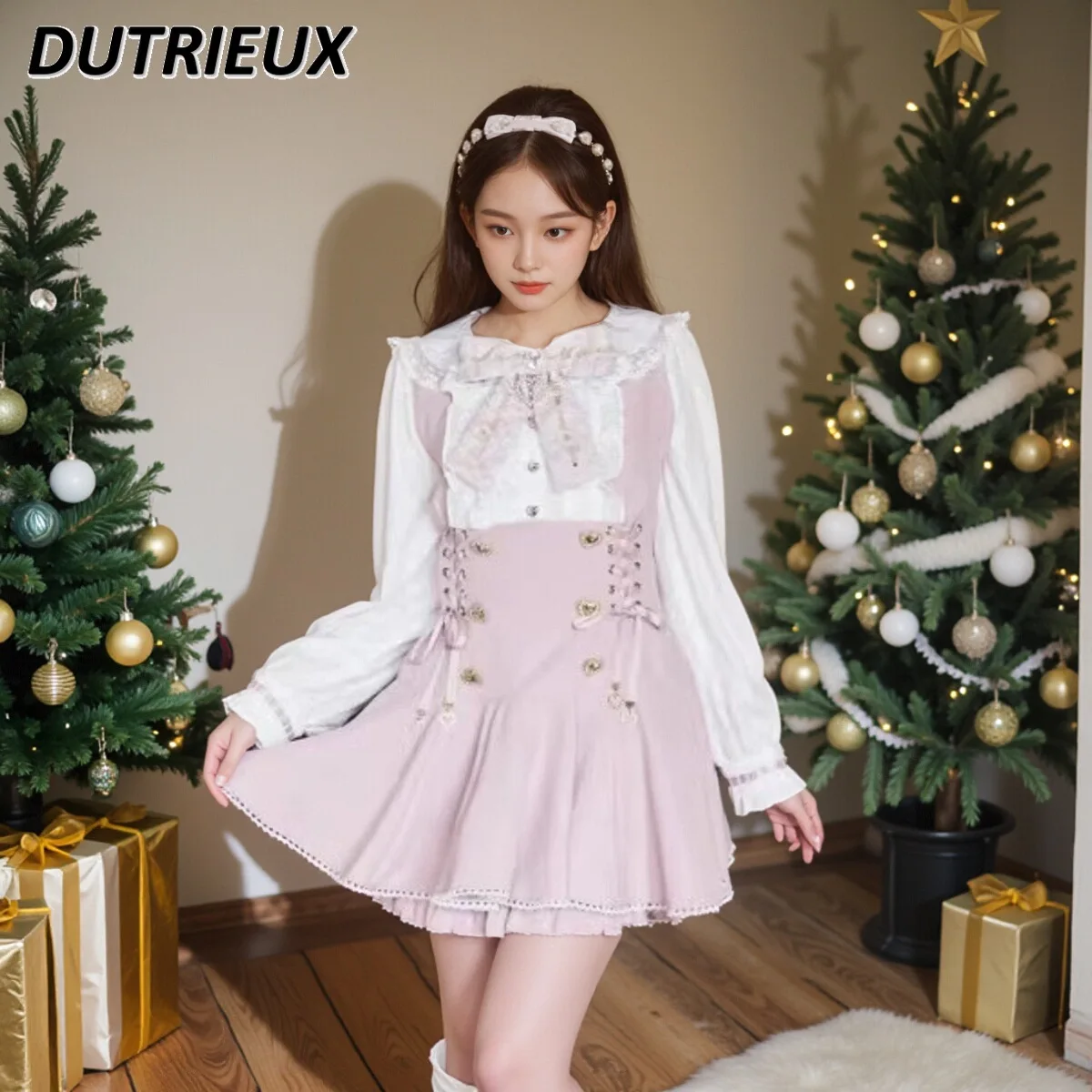 

Japanese Lolita New Mine Sweet Girls Plaid Long-sleeved Slimming Dress and Bow Short Skirt Two Piece Sets Womens Outifits