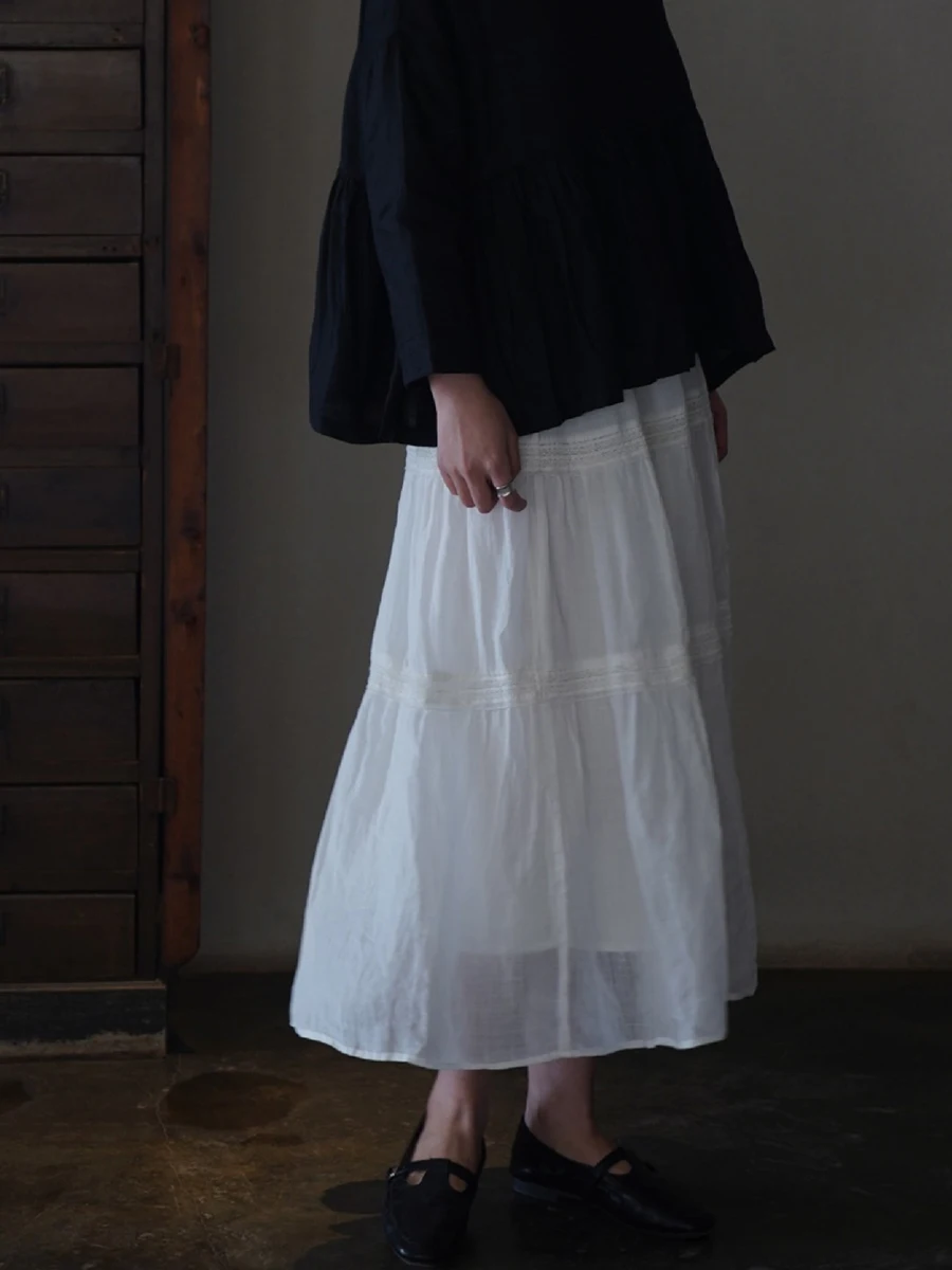 ลูกไม้สีขาว Trim กระโปรงยาวผู้หญิงฤดูร้อน Elastic เอว A-Line Faldas ด้านล่างเกาหลีแฟชั่น Casual Midi กระโปรงใหม่ Jupe