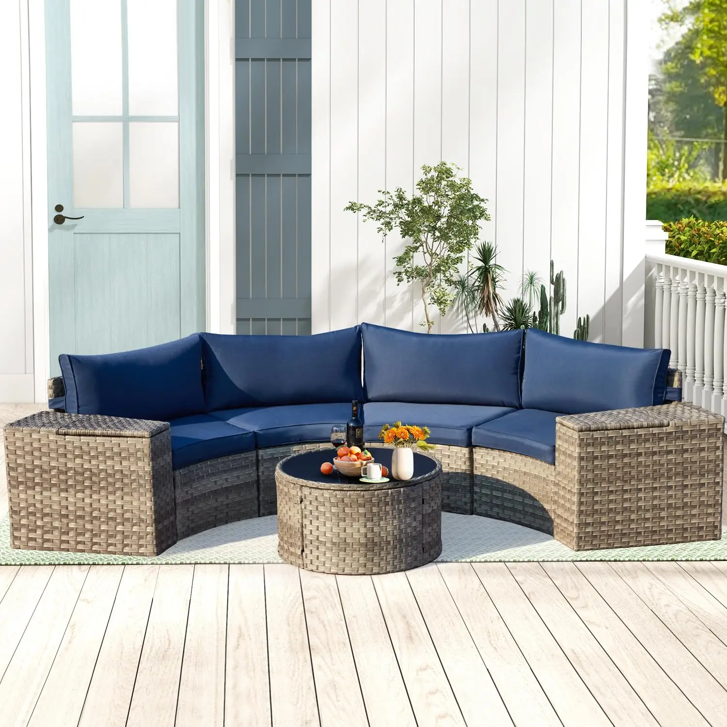 Blue 7-Piece Half-Moon Wicker Patio Furniture Set, Customized