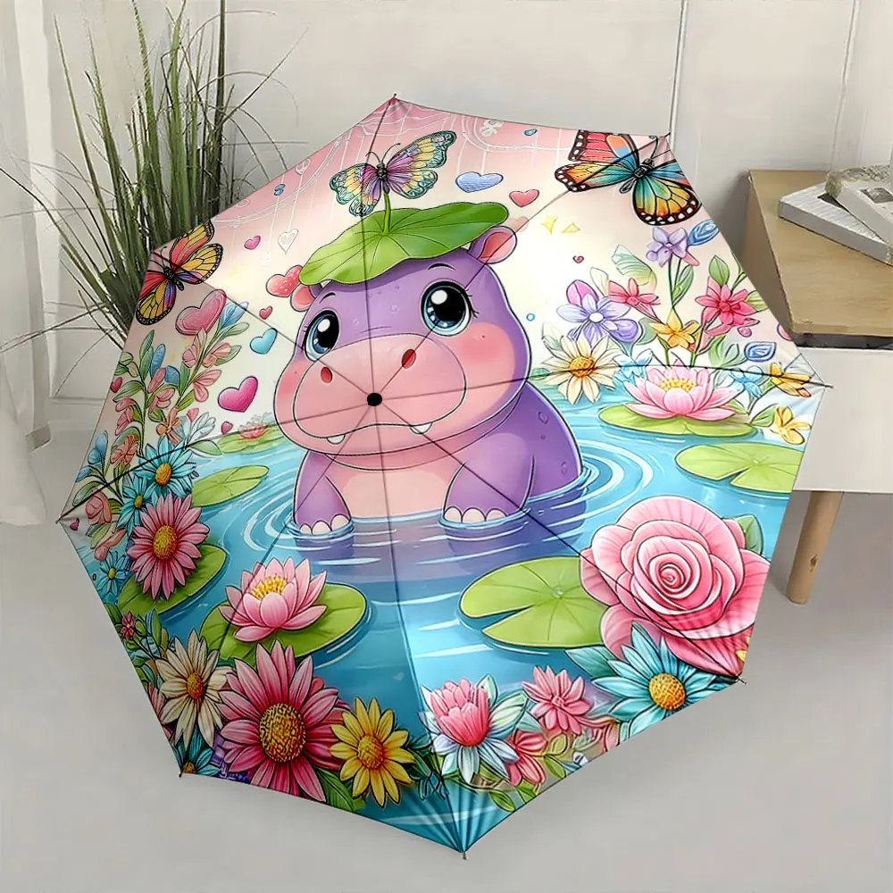 1PC Colorful Hippo Umbrella: A Splash of Playful Charm Print 8 Iron Ribs Folding Umbrella Auto-Open Fashion Sunshade