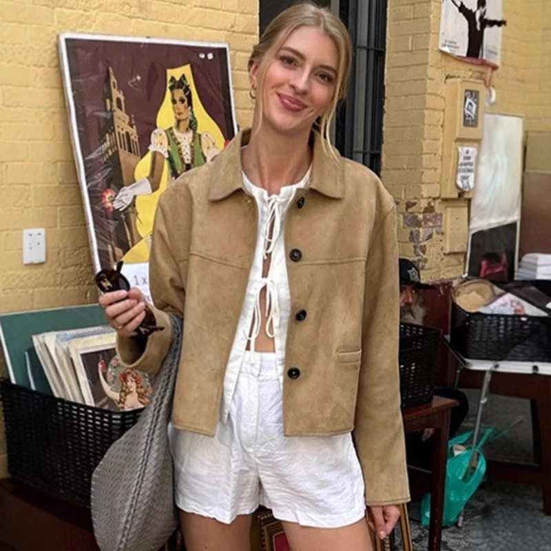 

Ticketsx Casual Suede Jacket Women's Lapel Long Sleeves Pockets Single Breasted Coats Female 2025 Autumn Chic Retro Loose Jacket