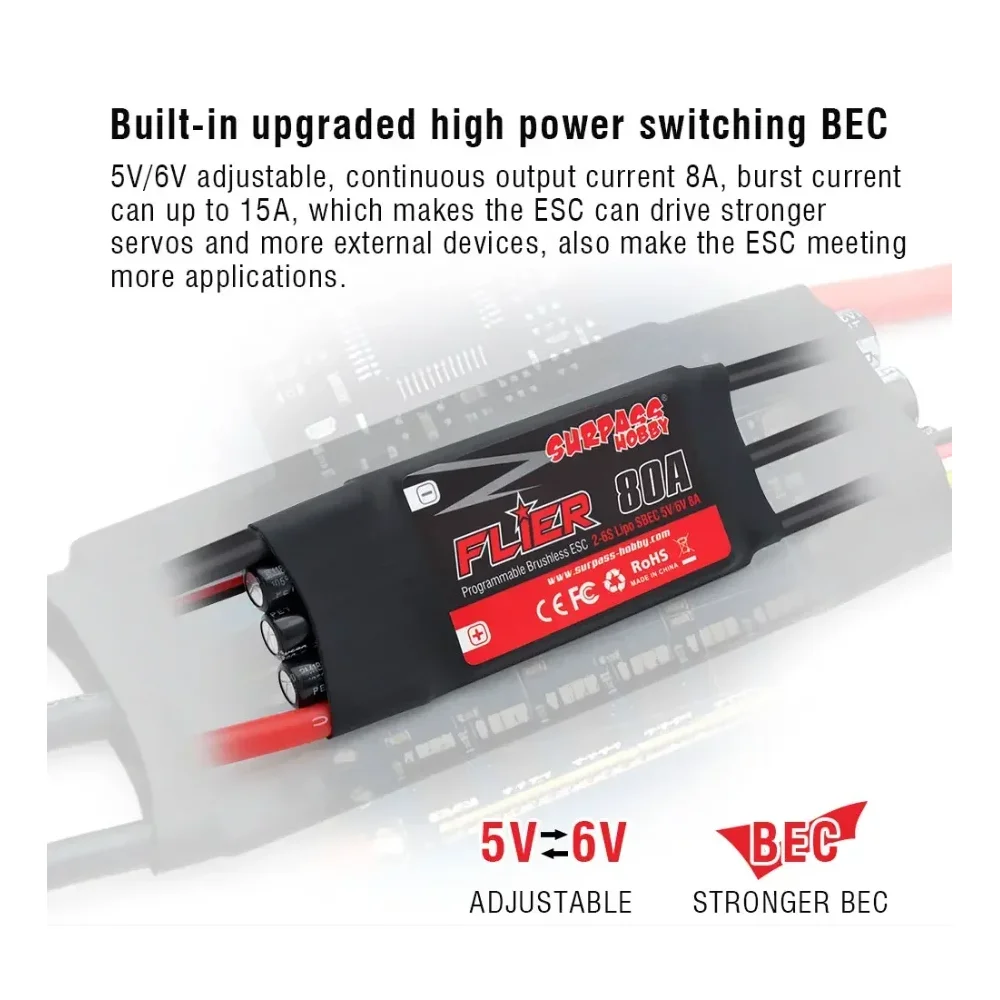 

SURPASS HOBBY Flier V2 20A 30A 40A 50A 60A 80A 100A Бесщеточный ESC 32-битный контроллер скорости с BEC 2-6S для радиоуправляемого самолета-вертолета