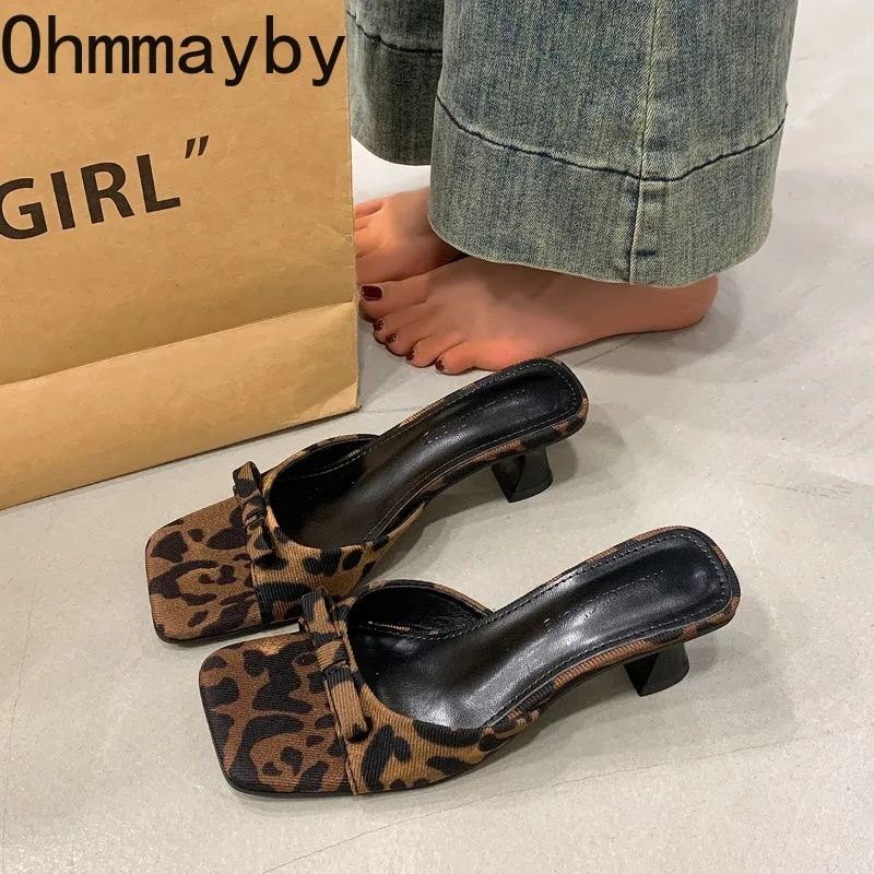 Summer Square Toe Fashion Leopard Women Slippers Concise Women's Butterfly-knot Vacation Shoes Elegant Low Heel Dress Slide view 2