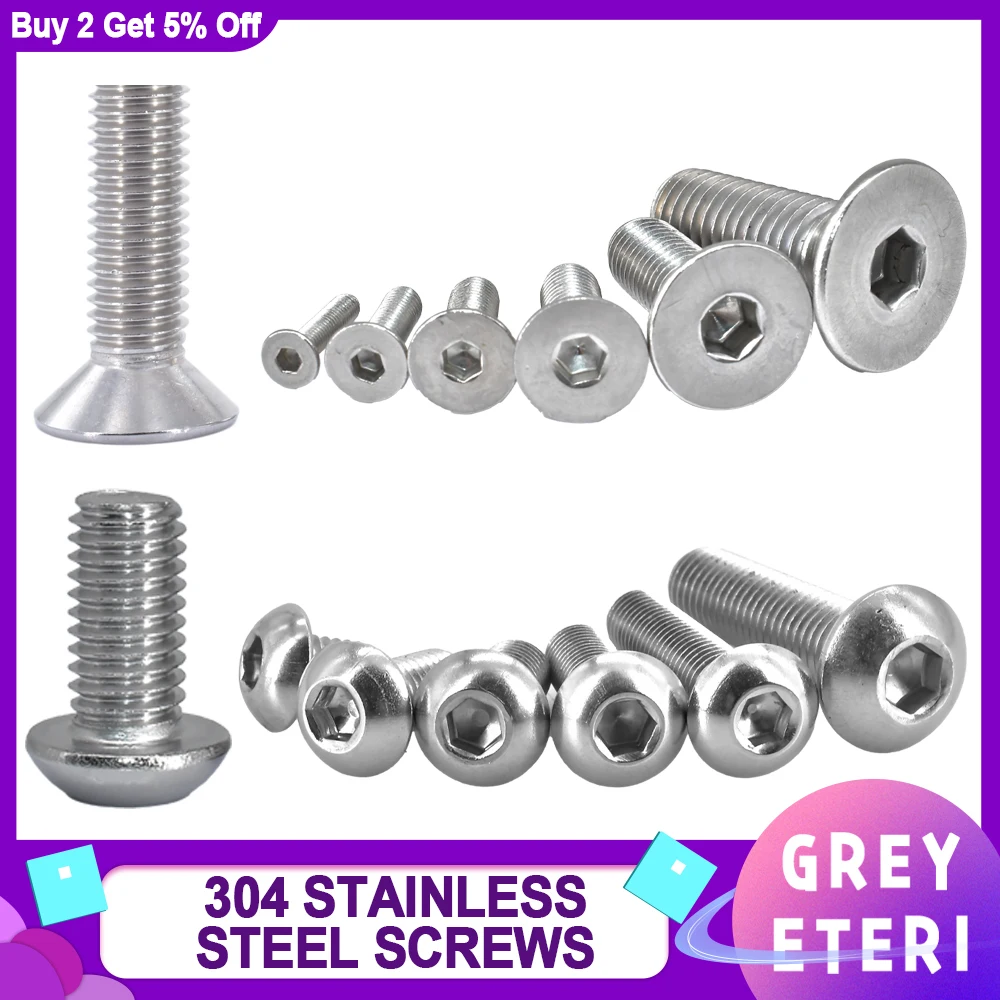 M5 M6 M8 304 Stainless Steel Allen Screws  ISO7380 Round Head Bolt Countersunk Head  Bolts Hex Socket Screws 2-20pcs