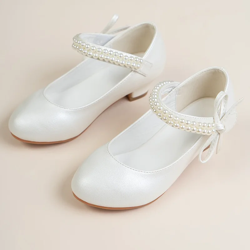 Girls High Heel Dance Shoes For Kids Pearl Teen Crystal Party Princess Shoes Child Wedding Formal Leather Sandals Girls Footwear