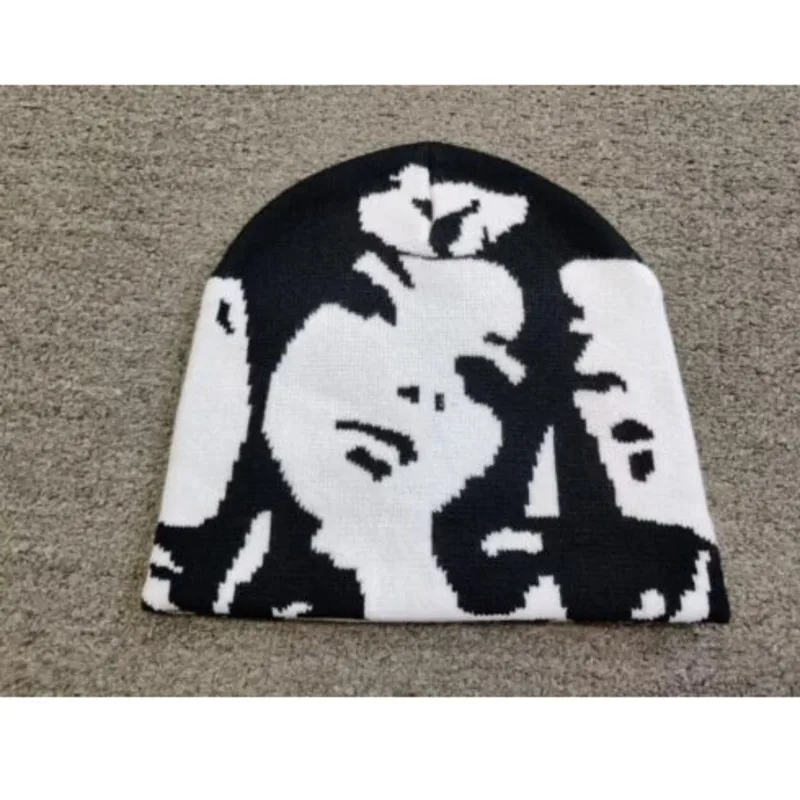 미스터리 여성 얼굴 그래픽 Y2K 니트 해골 모자 아크릴 비니 모자 블랙 색상
