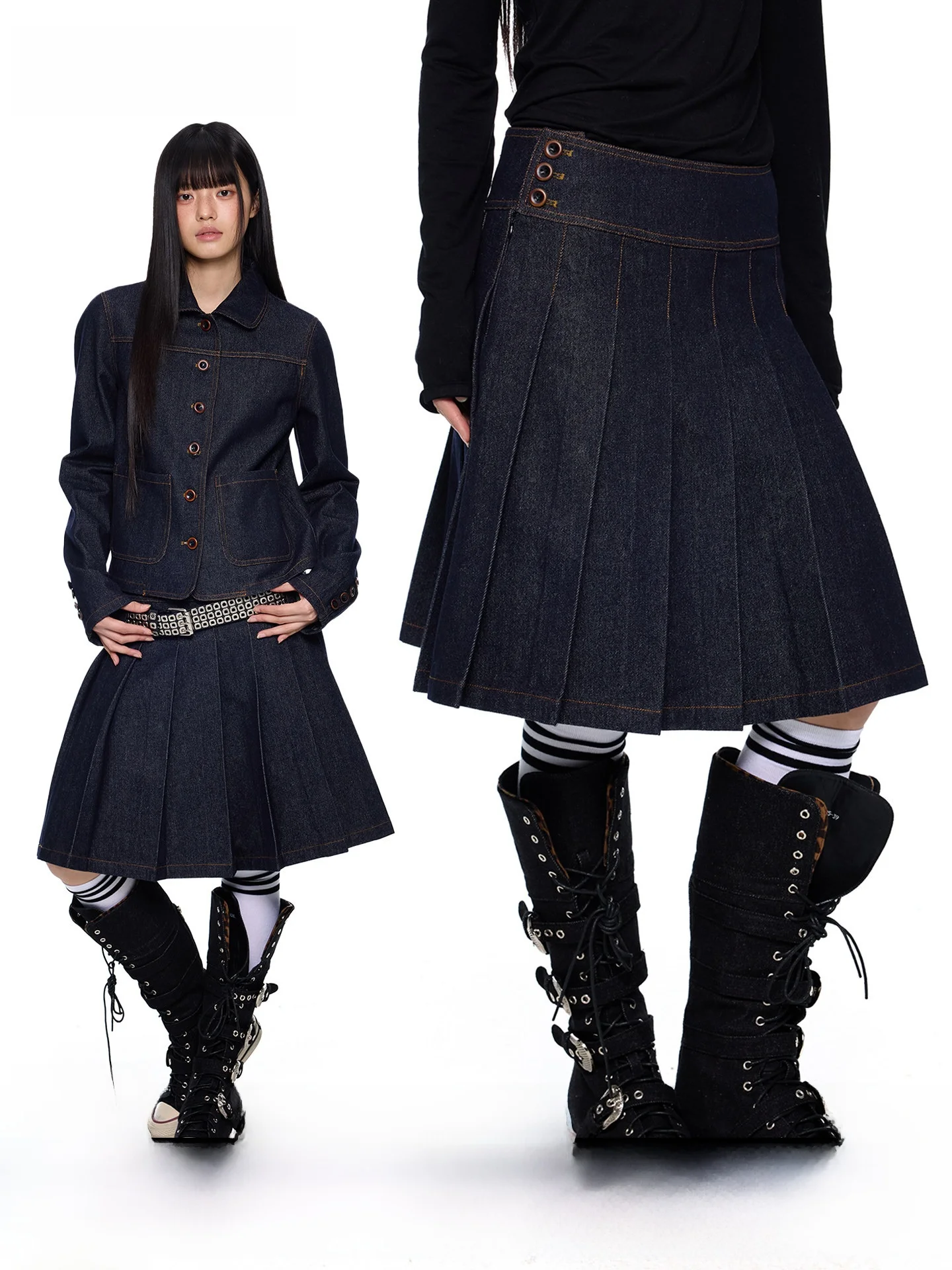 

Винтажный комплект EZEK: джинсовая куртка с воротником-стойкой и юбка А-силуэта с низкой талией, повседневный топ, новинка весны, хлопковая смесь