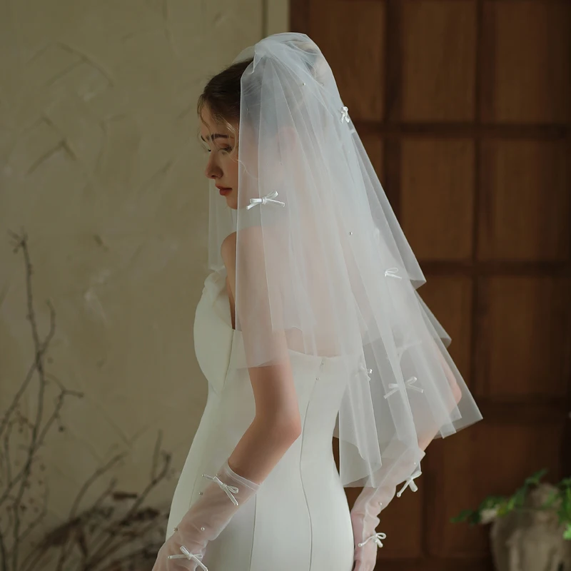 V374 Double-Layer Handmade Bow Bridal Veil, Wedding, Engagement, Proposal, White Puffy Photo Prop, Hair Comb Style