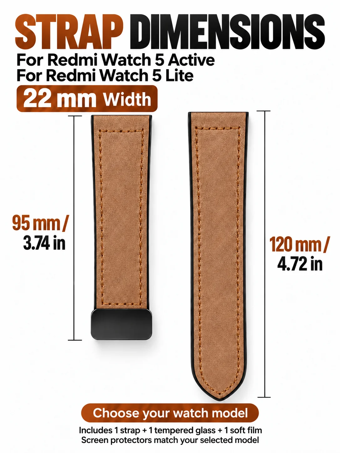 22mm Magnetic Leather Silicone Strap for Redmi Watch 5 Active or 5 Lite with Model Matched Glass and Soft Film No Watch