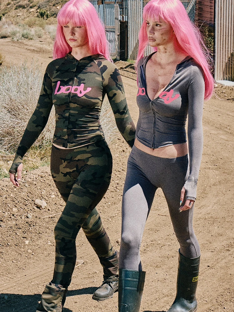 

Insglas Sporty Letter Print 2 Piece Set Women Tracksuit Hooded Jacket+Leggings Matching High Stretch Streetwear Casual Outfits