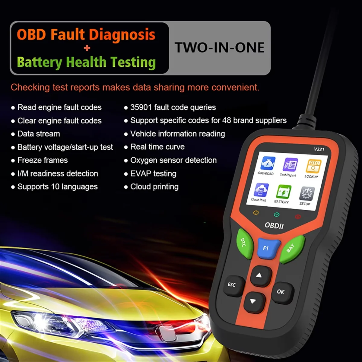 ABNJ Obd2 الماسح الضوئي أداة تشخيص قارئ الرمز، الماسح الضوئي لرمز الخطأ، اختبار البطارية وتخليص الكود