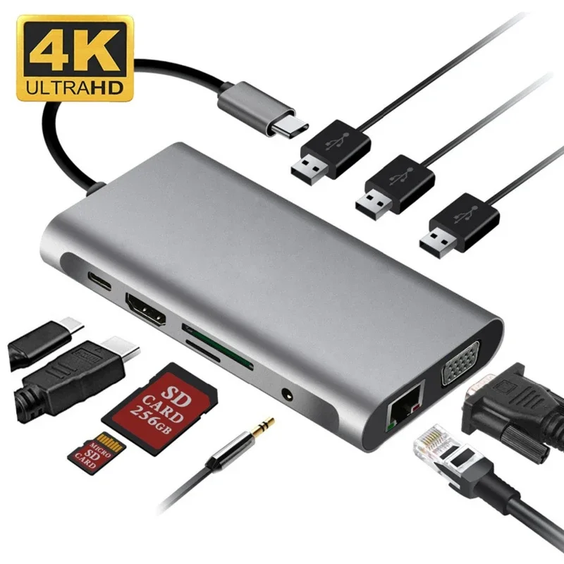 

Док-станция 10 в 1 с 3 портами USB 3,5, HDMI, VGA, Gigabit Ethernet