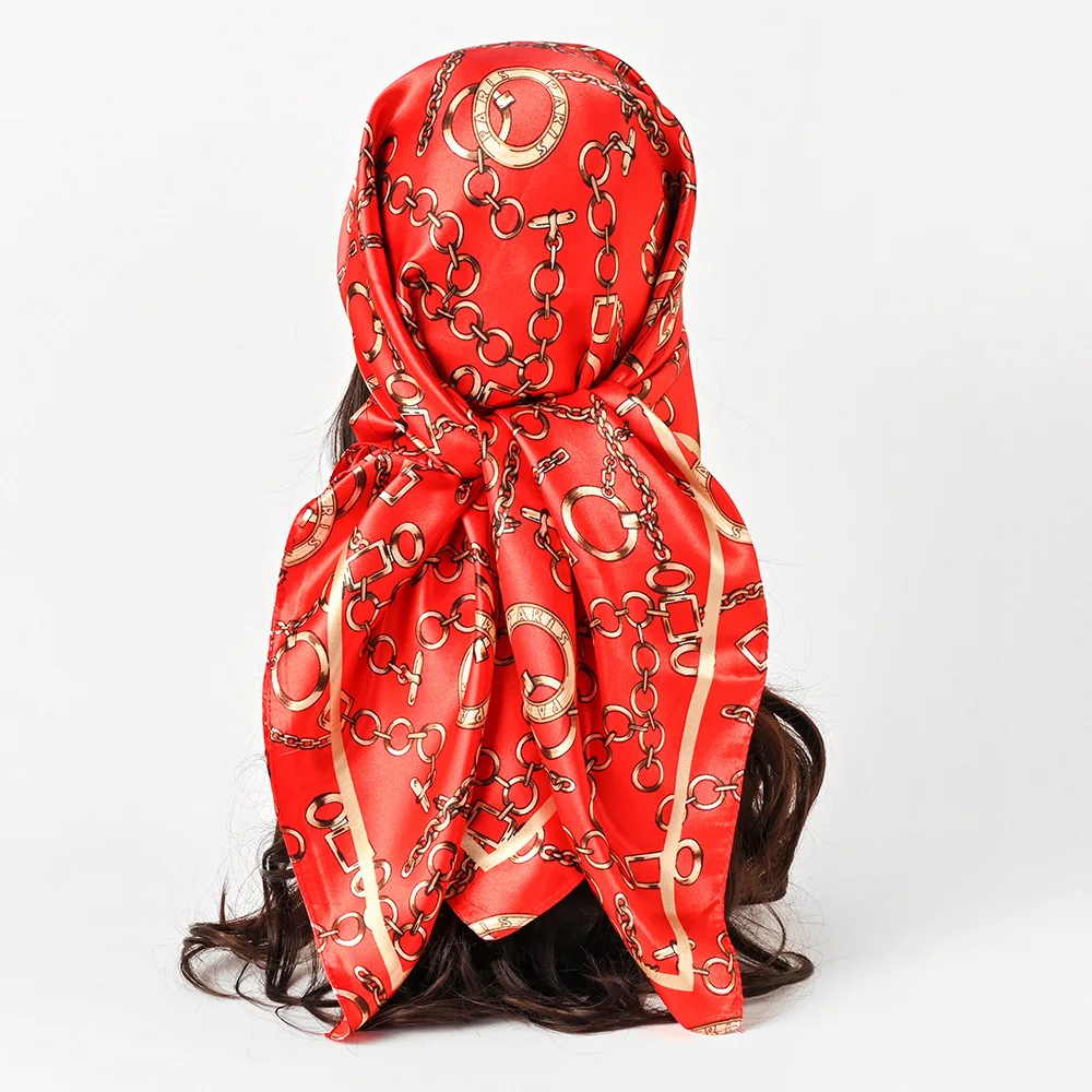 90cm Satin Square Scarf Women Muslim Hijab Elegant Print Silk Neckerchief Shawl Wraps Headband Handle Hair Accessories Bandana view 6